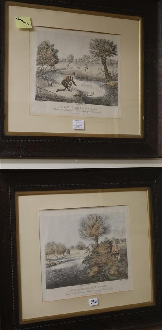 A pair of prints: Live Bait and Fly, by R. G. Reeves, 28 x 33.5cm, four small coaching prints, a set of four engravings 25 x 37cm